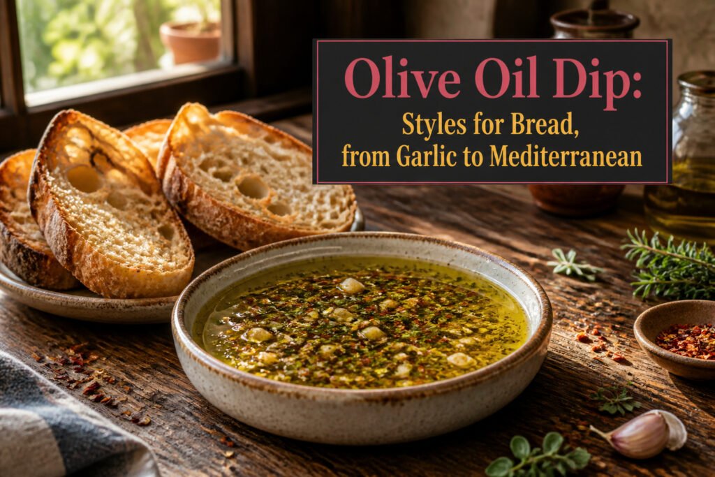 An assortment of olive oil dips with bread for dipping.