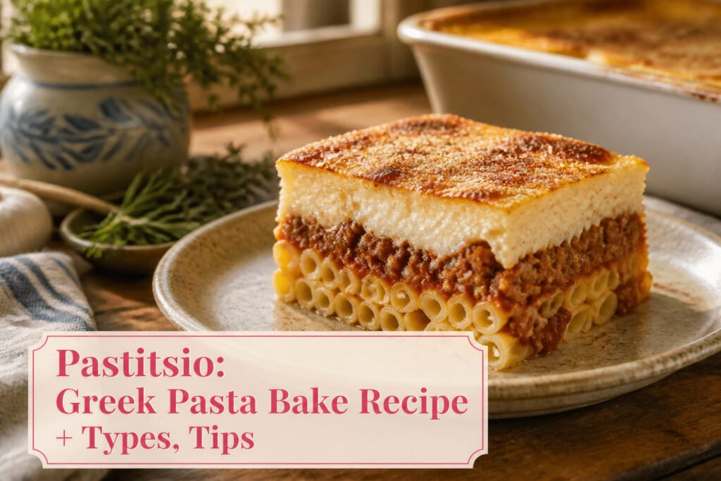 Layered pastitsio with pasta, meat sauce, and golden béchamel topping.