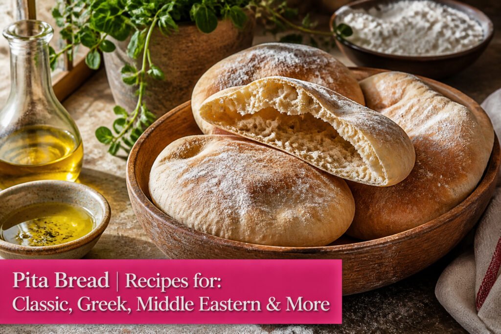 Different types of freshly baked pita bread on a wooden table.