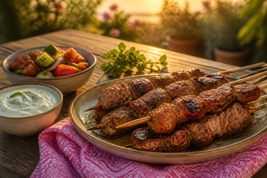 Marinated pork souvlaki skewers on a wooden board before grilling.