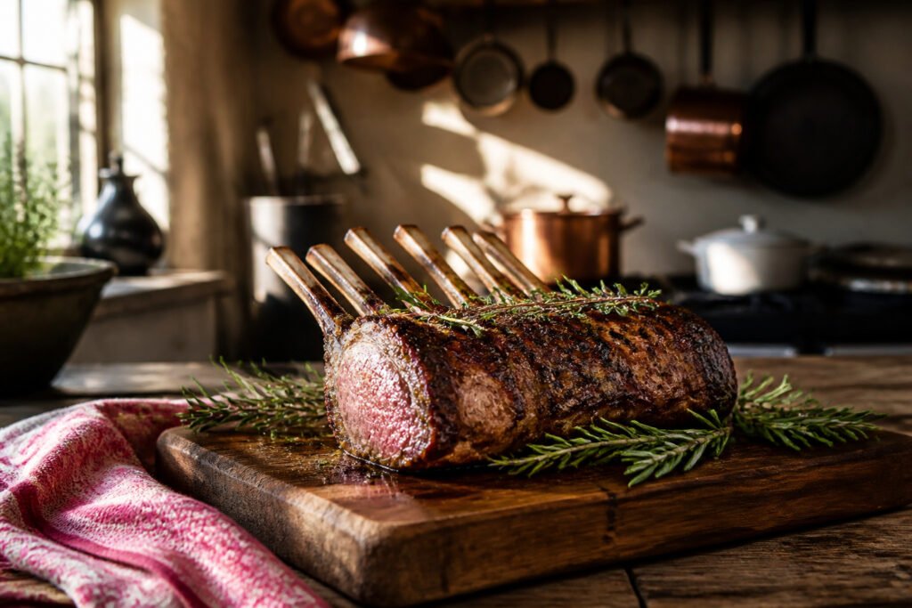 A rack of lamb displayed on a wooden cutting board with herbs and spices.