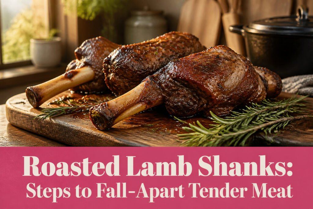 A plated lamb shank with sauce and sides on a dining table.