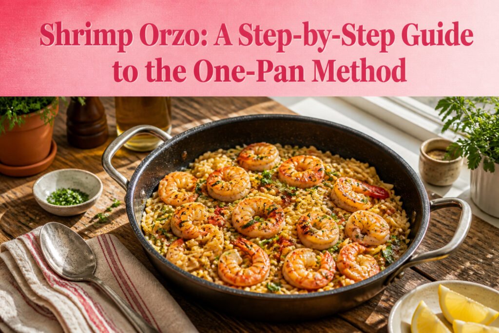 A serving of shrimp orzo garnished with herbs and lemon.