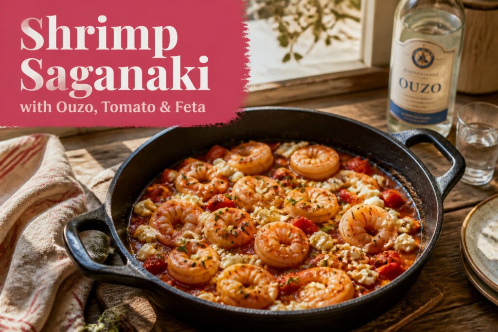Shrimp saganaki with feta and herbs in a skillet.
