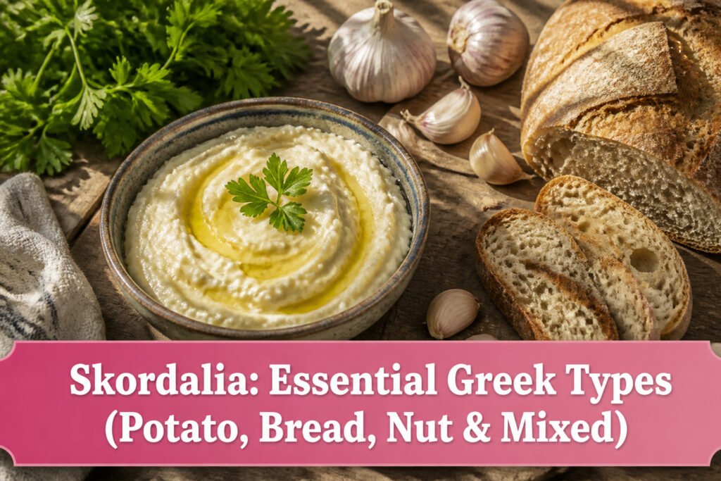 Different types of skordalia served in various bowls.