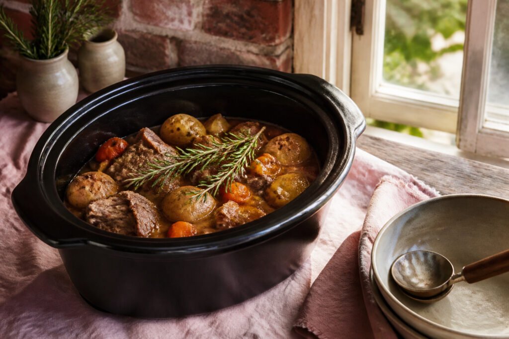 A boneless leg of lamb on a cutting board with garlic and rosemary.