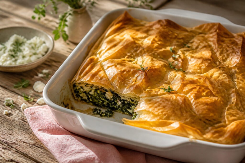 A top view of freshly baked spanakopita with golden phyllo dough and green filling.