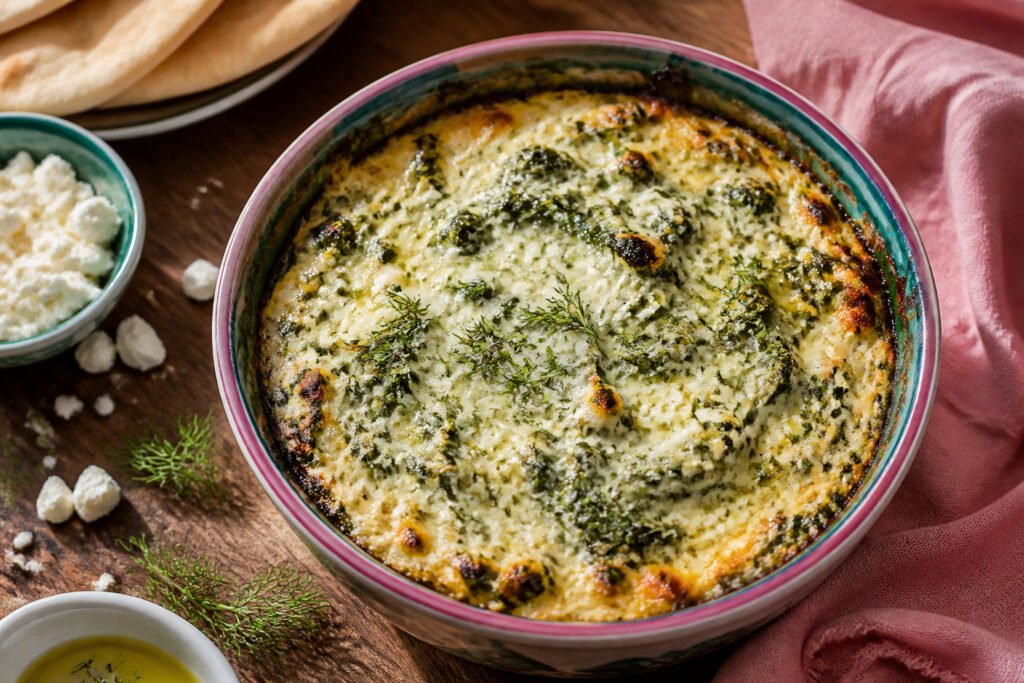 Warm spanakopita dip in a ceramic baking dish with golden edges.
