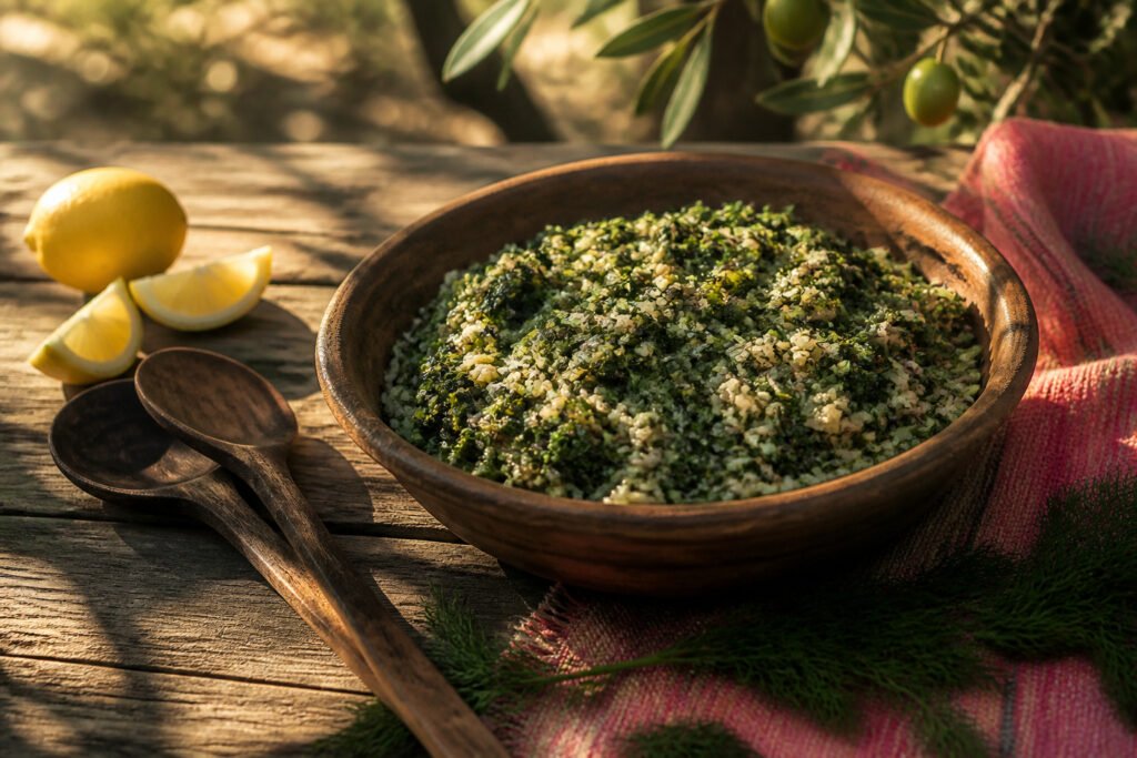 A bowl of spanakorizo with green spinach and rice, garnished with lemon.