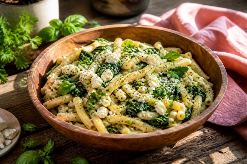 Bowl of spinach feta pasta with olive oil and herbs on a dining table.