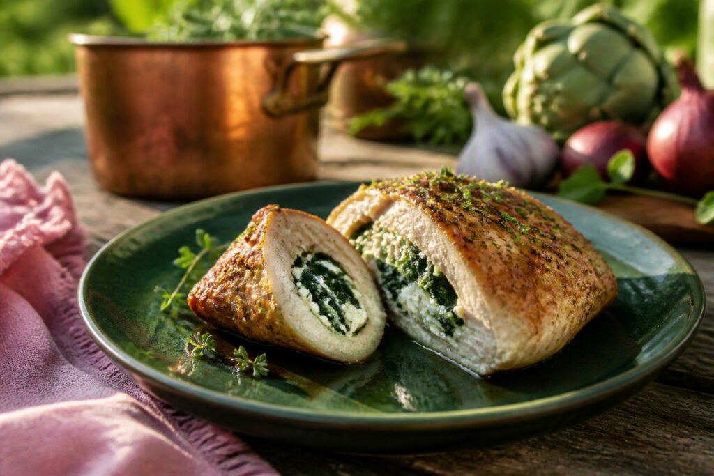 Spinach feta stuffed chicken on a plate, showcasing its golden brown exterior.