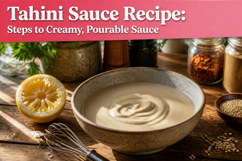 A bowl of creamy tahini sauce on a rustic kitchen counter.
