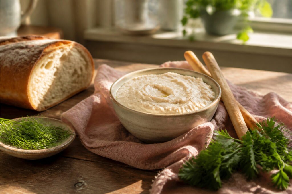 A bowl of taramosalata dip surrounded by pita bread and vegetables.