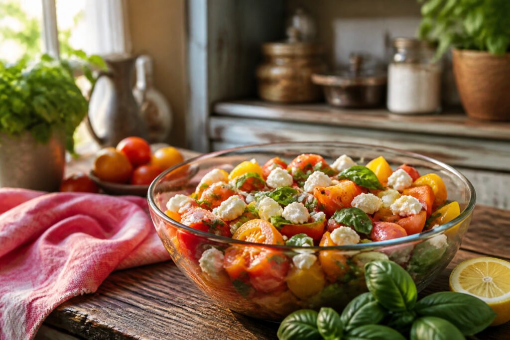 A bowl of tomato basil feta salad with ripe tomatoes, basil, and feta.