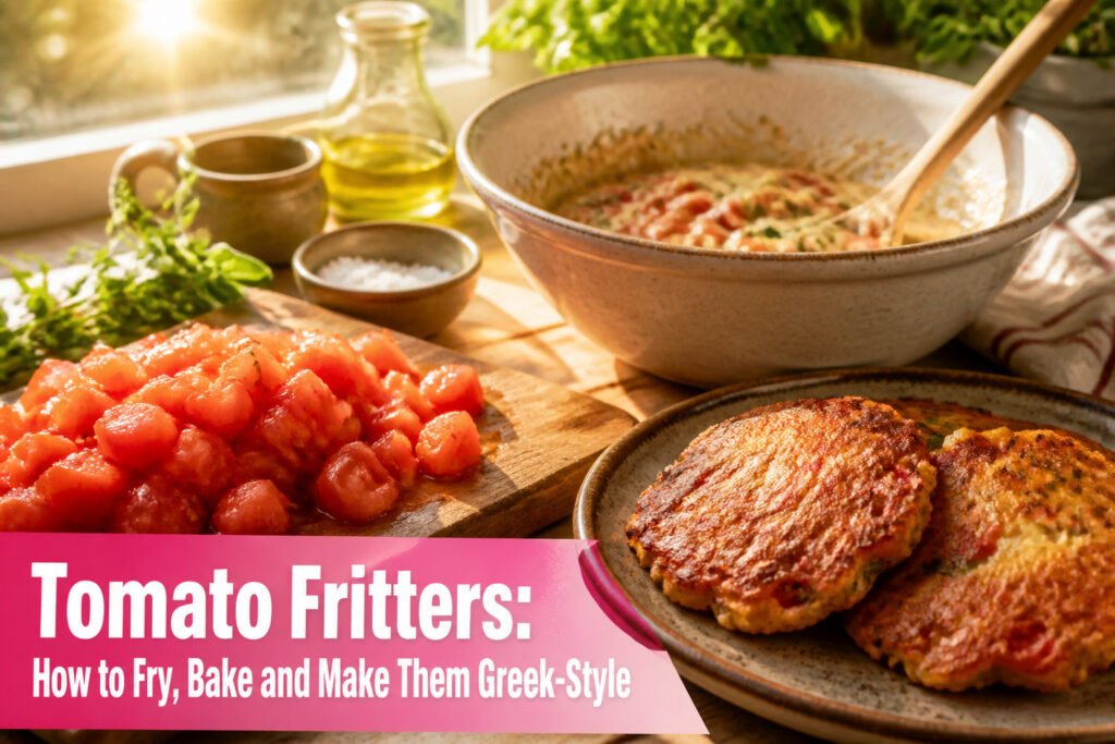 A bowl of tomato fritter batter filled with diced tomatoes and herbs.