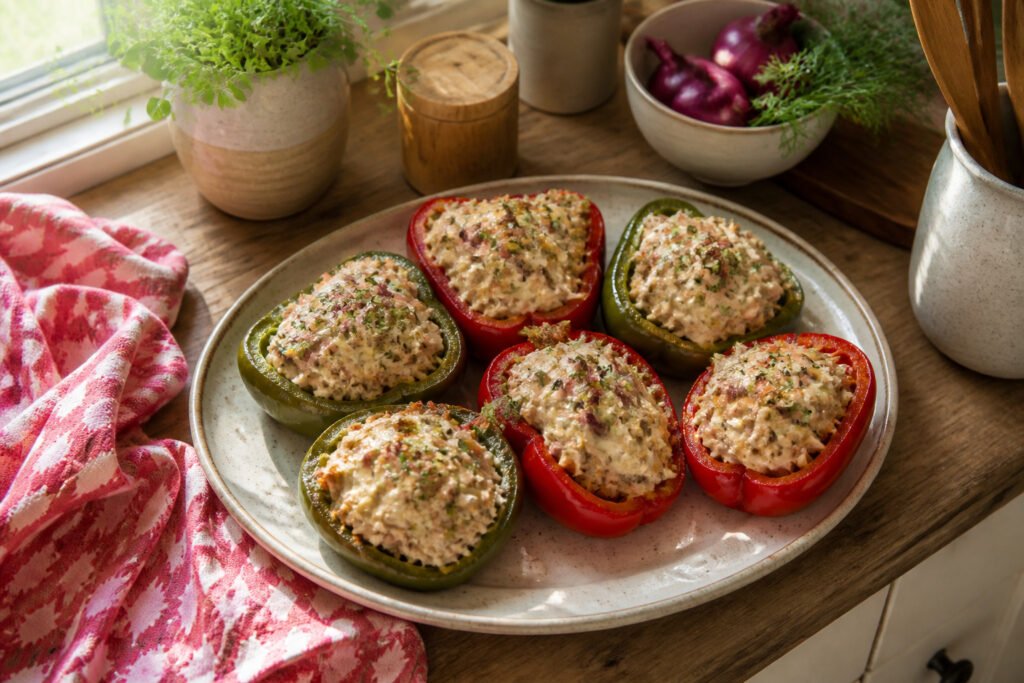 A plate of tuna stuffed peppers with colorful filling and melted cheese.