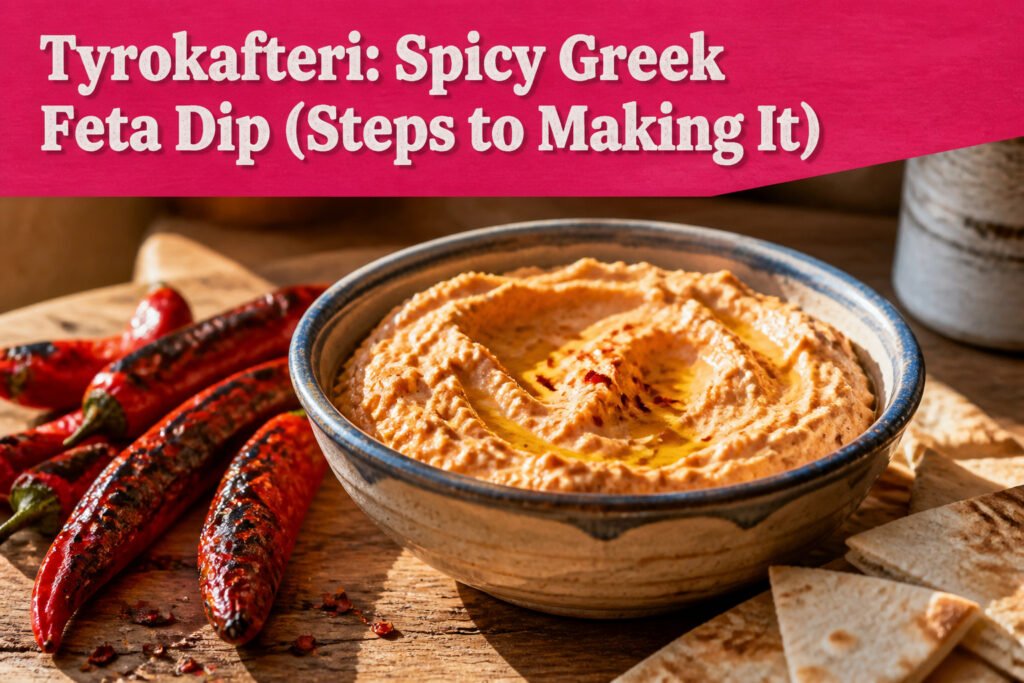 Bowl of tyrokafteri with olive oil and paprika on a wooden table.