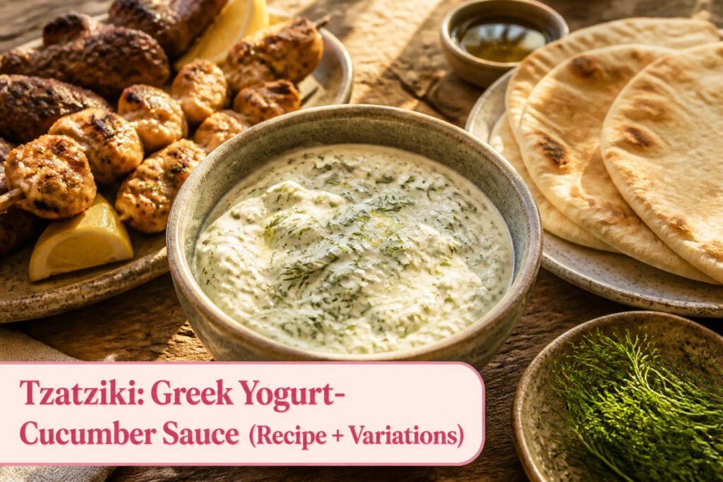 A vibrant bowl of tzatziki with fresh dill and a silver spoon.
