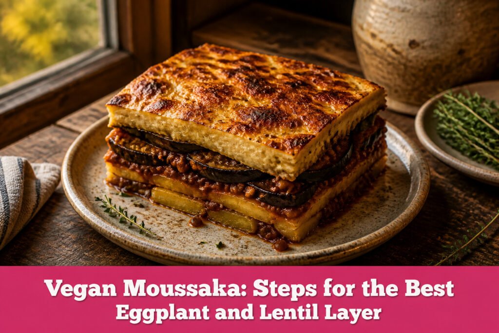 A slice of vegan moussaka on a plate with salad and bread.