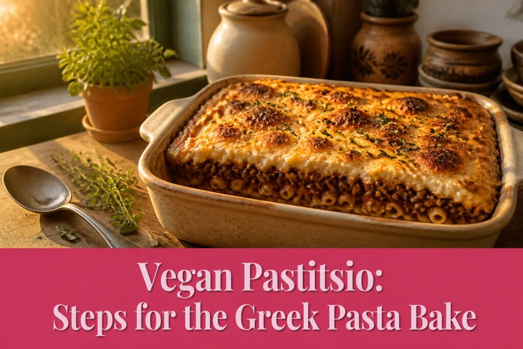 A serving dish of vegan pastitsio with a golden-brown top.