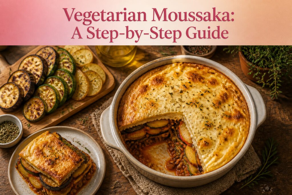 Vegetarian moussaka with layers of eggplant, zucchini, potatoes, and béchamel sauce.