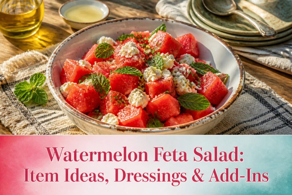 A bowl of watermelon feta salad with mint leaves on a wooden table.