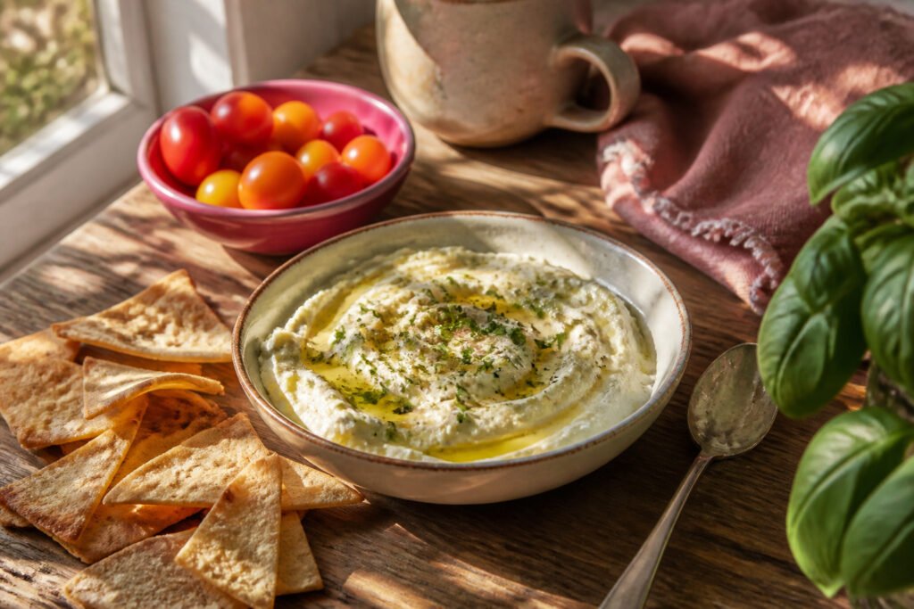 A bowl of whipped feta dip with olive oil and pita chips on a cutting board.