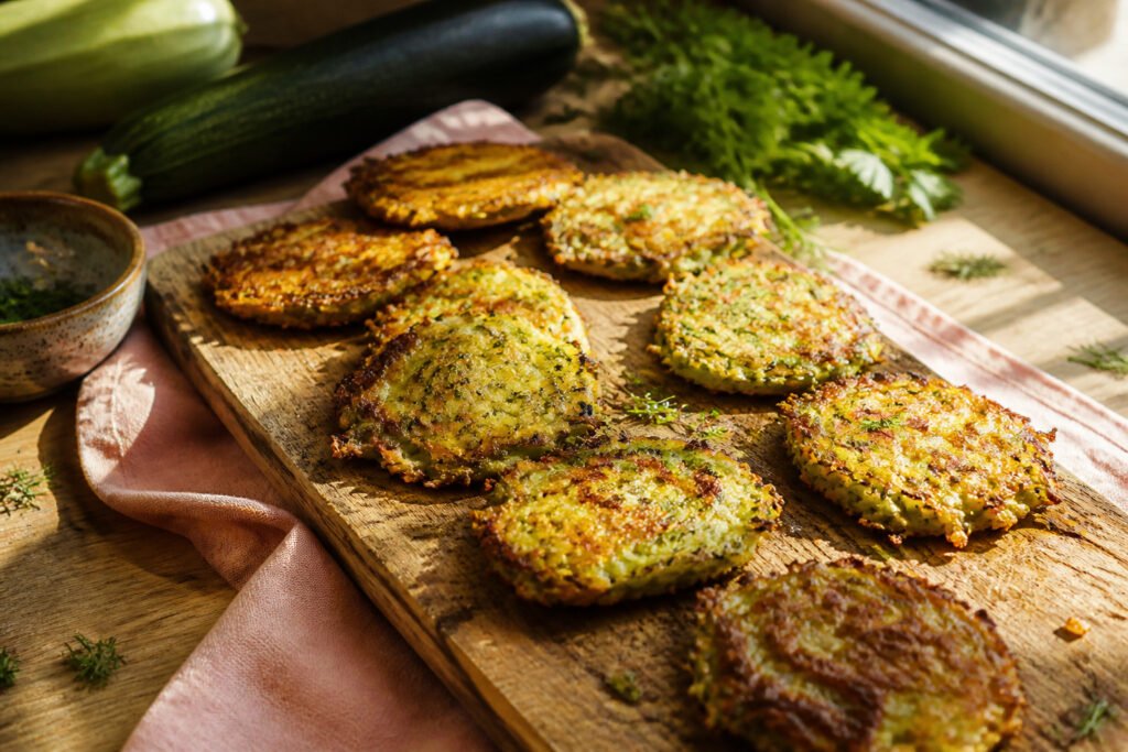 Plate of golden-brown zucchini fritters with herbs and lemon wedges.